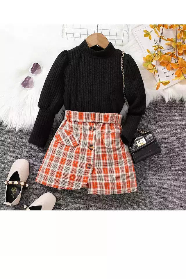 Black Puff Sleeve Skirt Set