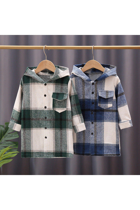 Hooded plaid Shacket (Blue)