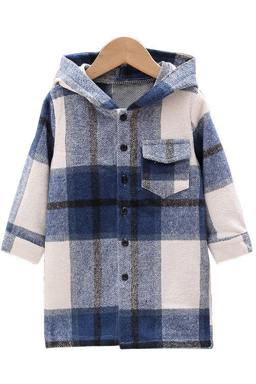 Hooded plaid Shacket (Blue)