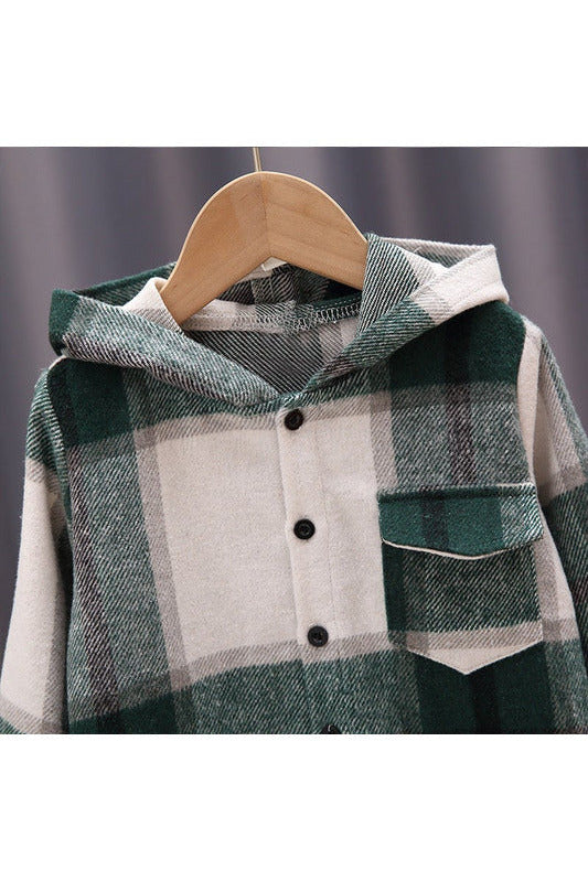 Hooded Plaid Shacket (Green)