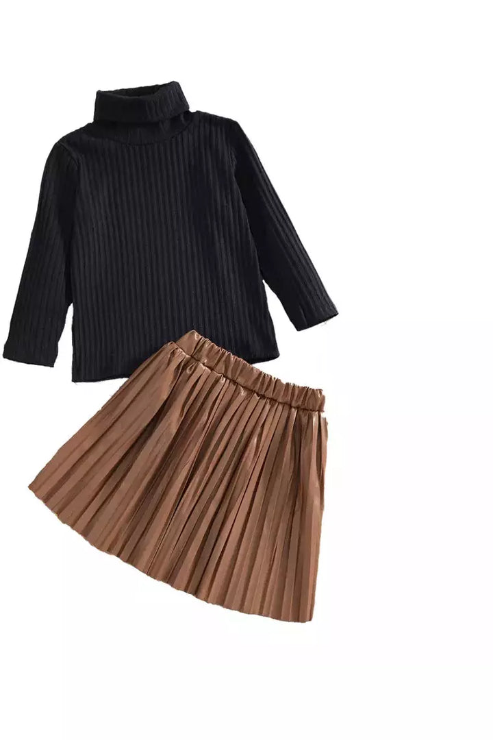 Turtle neck & leather skirt set