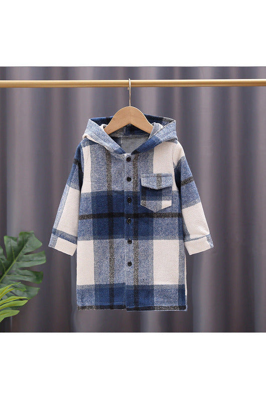 Hooded plaid Shacket (Blue)